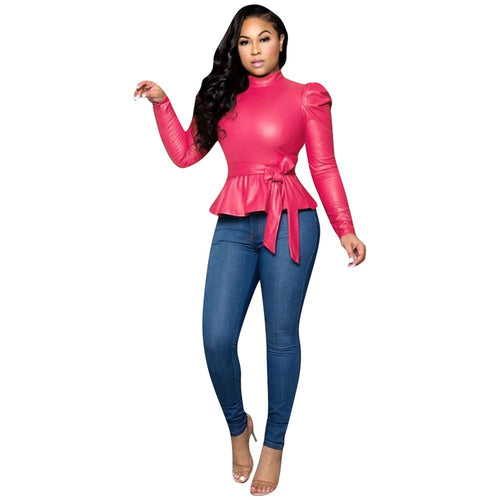 acelyn Women's Matte Mock Neck Turtleneck Long Sleeve Faux Leather Shirts Blouse Top with Belted Rosy M