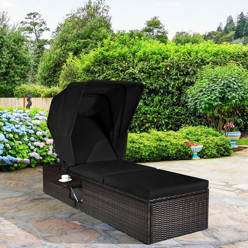 Cushioned Rattan Outdoor Chaise Lounge Chair Sun Lounger 5 Position With Folding Canopy Amp Flip Up Tea Table - Comfortable And Ergonomic Design