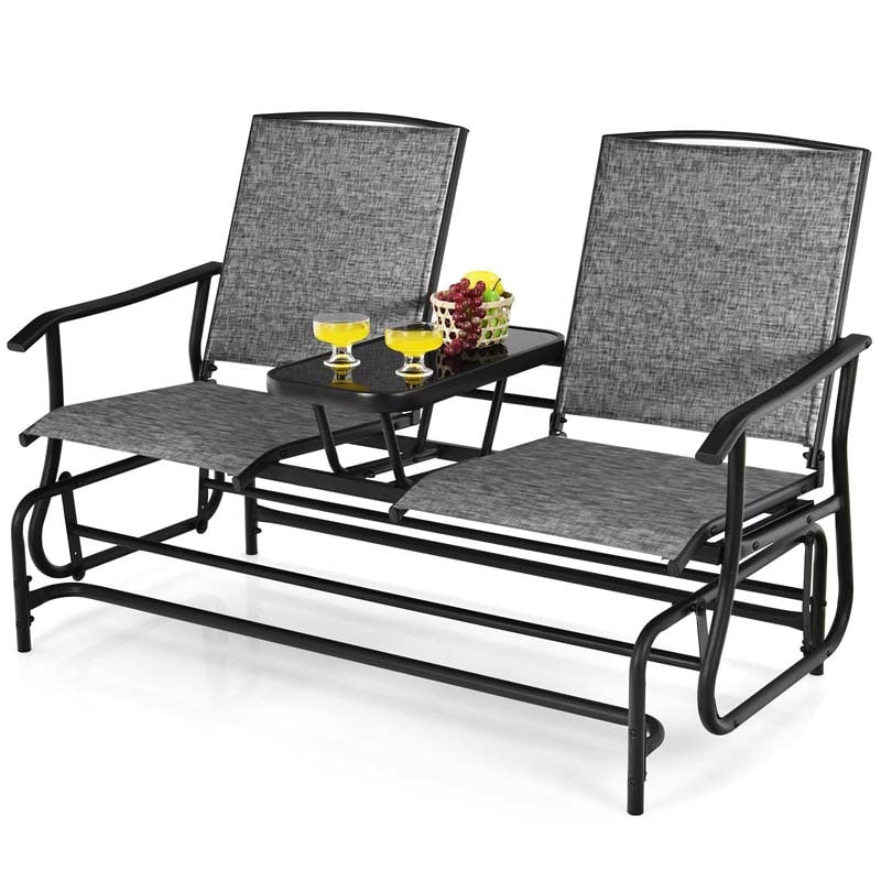 2 Person Outdoor Bench Glider Chair With Center Table Mesh Fabric Rocking Loveseat For Patio - Comfortable And Ergonomic Design