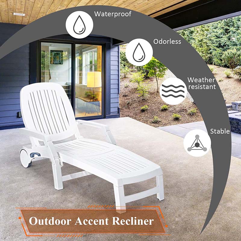 Weatherproof Folding Sun Lounger With Wheels 6 Position Plastic Outdoor Chaise Lounge Chair For Pool Beach Lawn - Comfortable And Ergonomic Design
