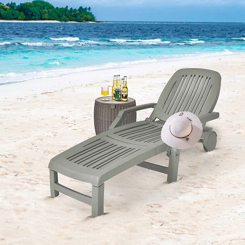 Weatherproof Folding Sun Lounger With Wheels 6 Position Plastic Outdoor Chaise Lounge Chair For Pool Beach Lawn - Comfortable And Ergonomic Design