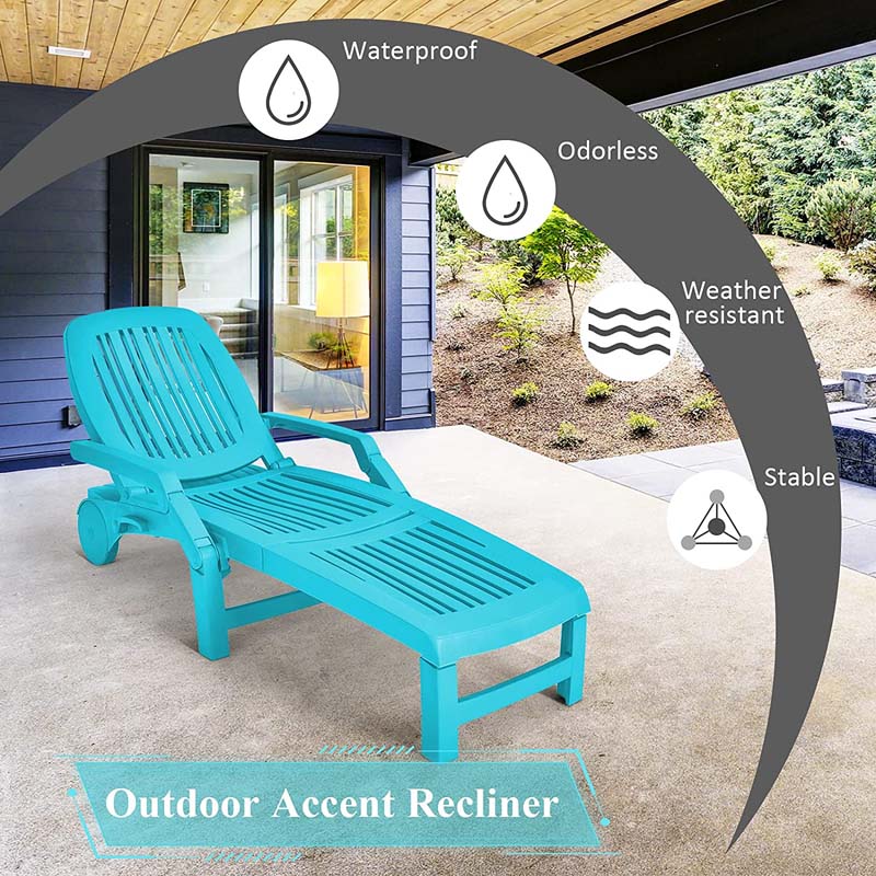 Weatherproof Folding Sun Lounger With Wheels 6 Position Plastic Outdoor Chaise Lounge Chair For Pool Beach Lawn - Comfortable And Ergonomic Design