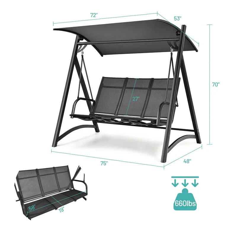 3 Person Anti Rust Aluminum Outdoor Patio Porch Swing Chair Bench Glider With Adjustable Canopy - Comfortable And Ergonomic Design
