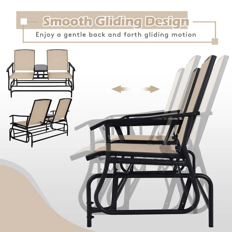 2 Person Outdoor Bench Glider Chair With Center Table Mesh Fabric Rocking Loveseat For Patio - Comfortable And Ergonomic Design