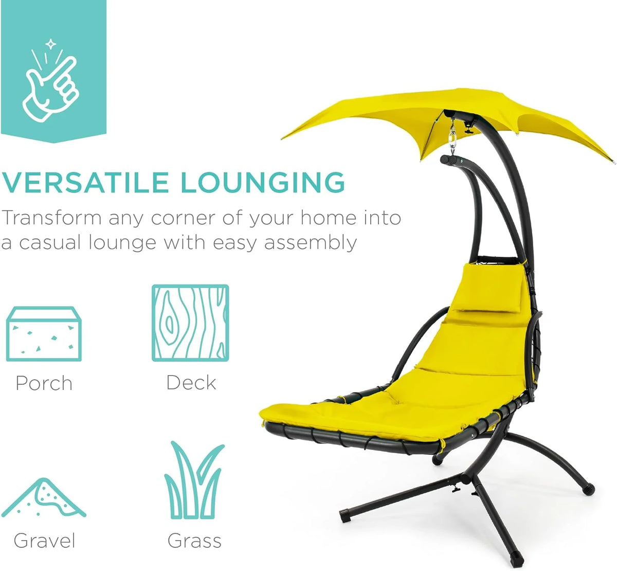 Best Choice Products Outdoor Hanging Curved Steel Chaise Lounge Chair Swing w/Built-in Pillow and Removable Canopy - Charcoal Gray