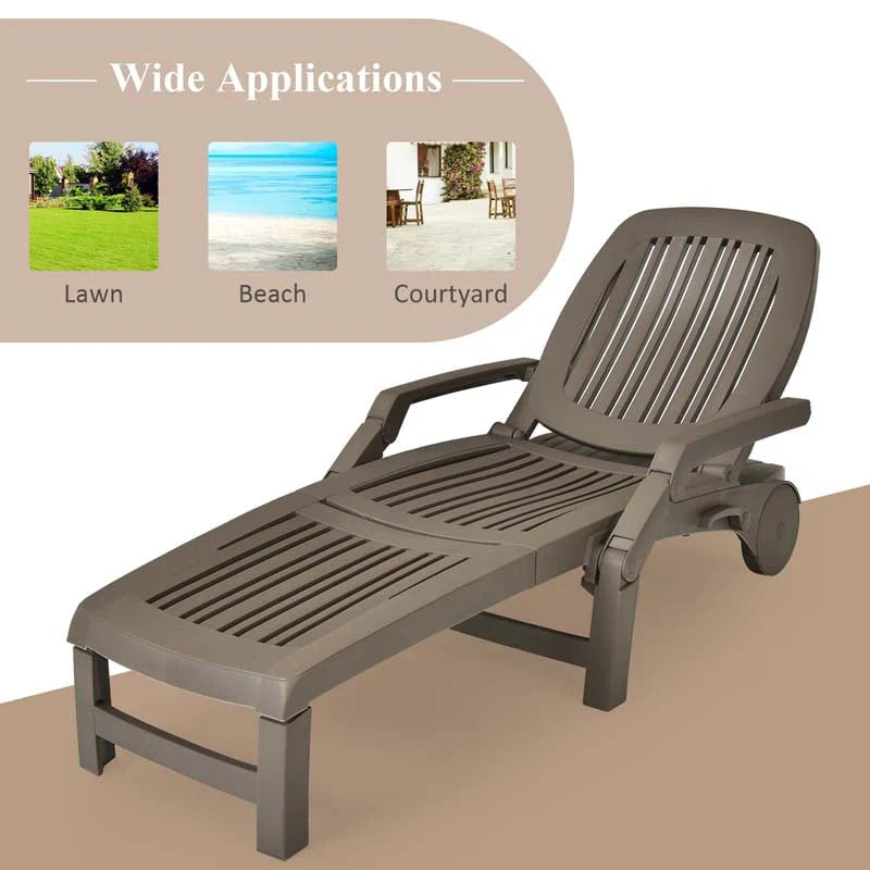 Weatherproof Folding Sun Lounger With Wheels 6 Position Plastic Outdoor Chaise Lounge Chair For Pool Beach Lawn - Comfortable And Ergonomic Design