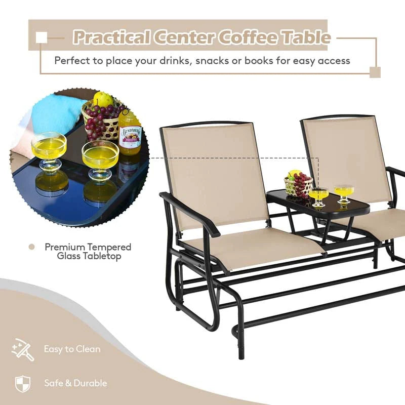2 Person Outdoor Bench Glider Chair With Center Table Mesh Fabric Rocking Loveseat For Patio - Comfortable And Ergonomic Design