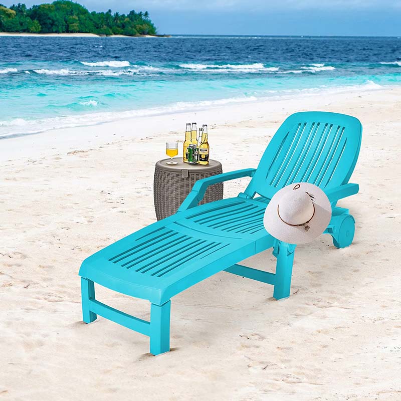 Weatherproof Folding Sun Lounger With Wheels 6 Position Plastic Outdoor Chaise Lounge Chair For Pool Beach Lawn - Comfortable And Ergonomic Design