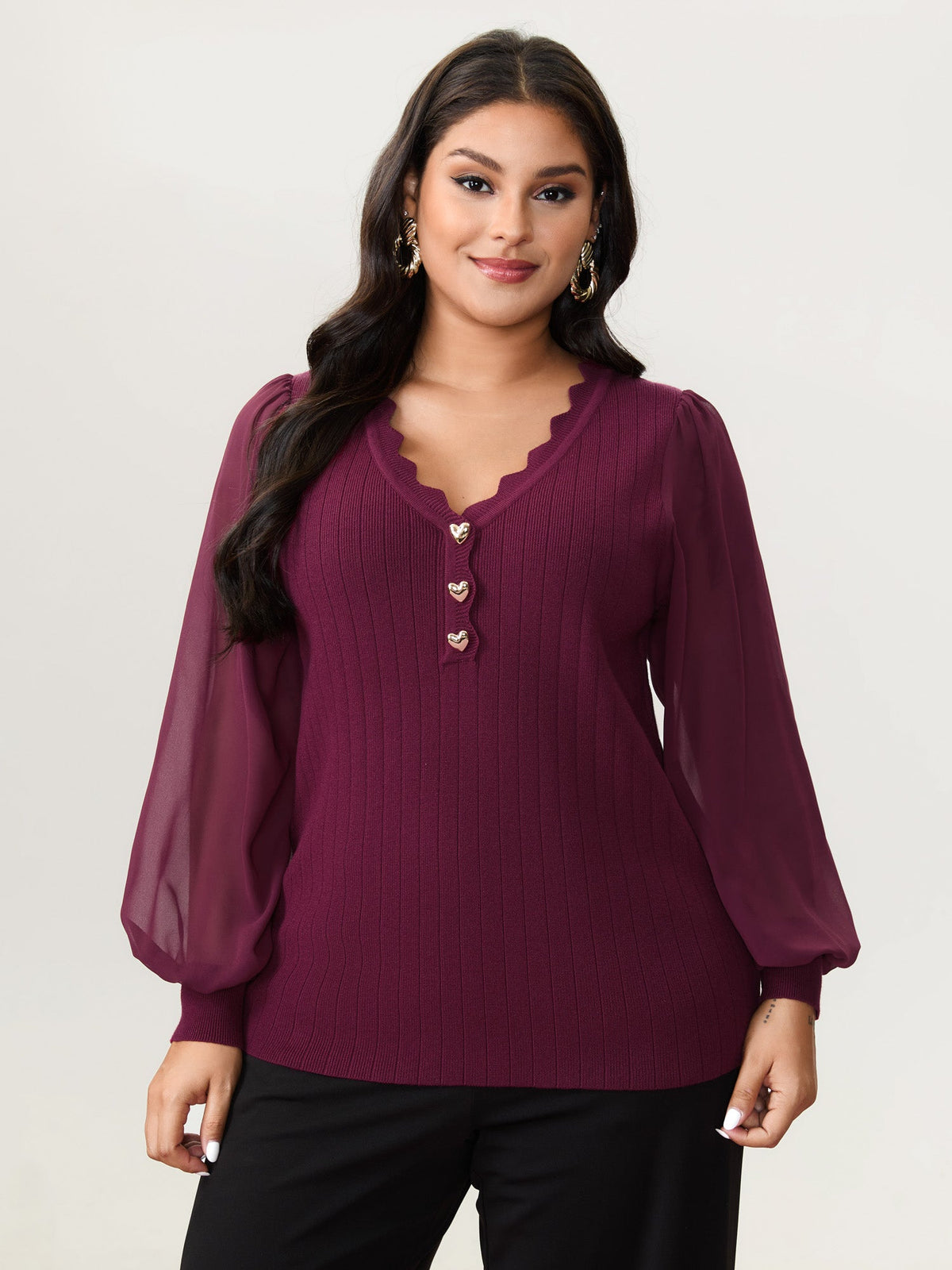Chiffon Sheer Sleeve Heart Shaped Button Pullover