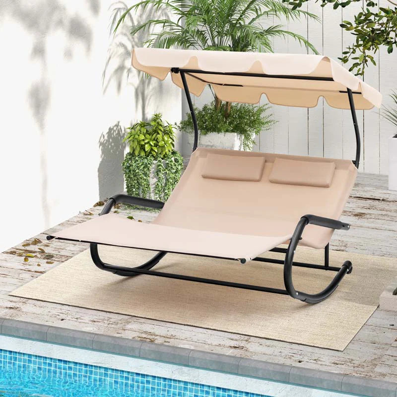 2 Person Patio Hammock Bed Swing Chair Extra Large Outdoor Rocking Chaise Lounge With Adjustable Canopy And Wheels - Comfortable And Ergonomic Design