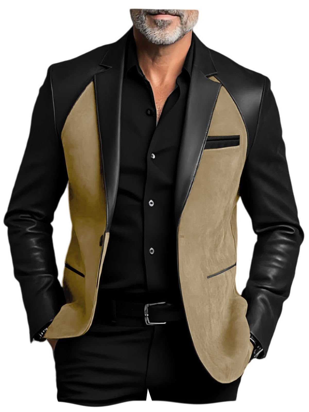 Men's Suede Blazer Patchwork Two-Tone Sports Coat PU Leather Sleeves Collar Sport Jacket Black Champagne M