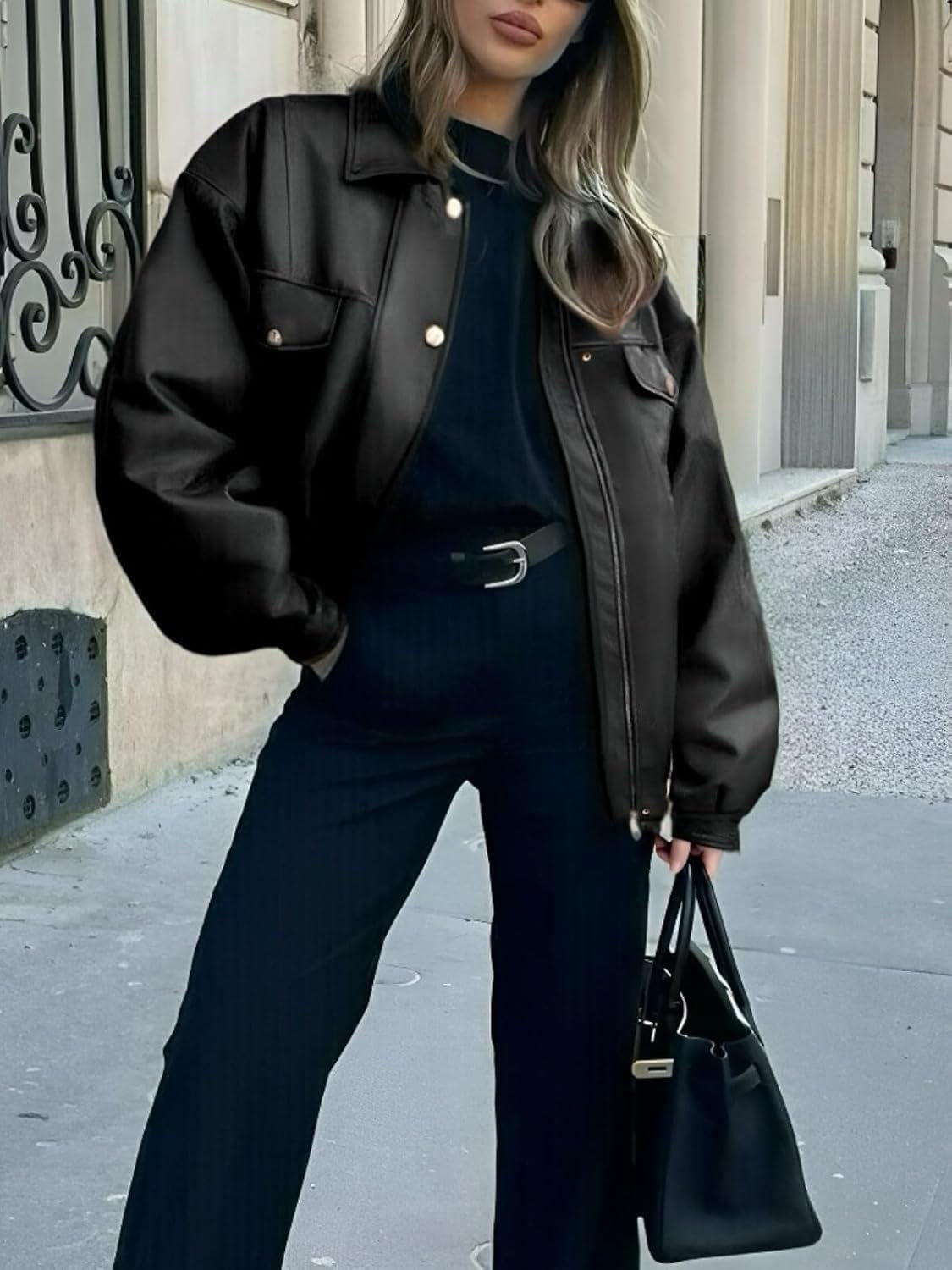 hathne Women's PU Leather Jacket Oversized Vintage Long Sleeve Motorcycle Faux Leather Blazer Jackets(Black-M)