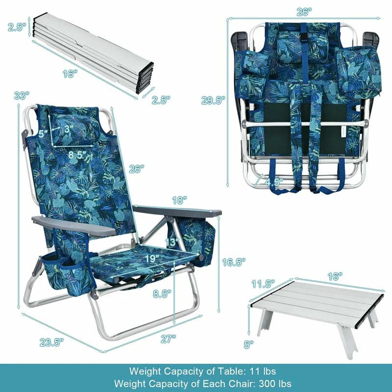 2 Pack 5 Position Outdoor Folding Backpack Beach Chair Amp Table Set Patio Lawn Camping Chair Beach Sling Chair - High Quality Set For Everyday Use