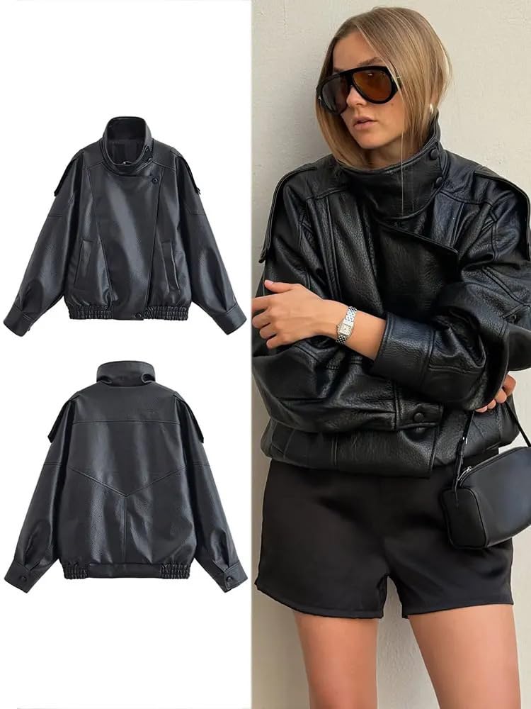 Molilove Women's Leather Jacket Casual Fall Zip Up Jacket Racer Varsity Jackets Biker Motor Coat Outwear