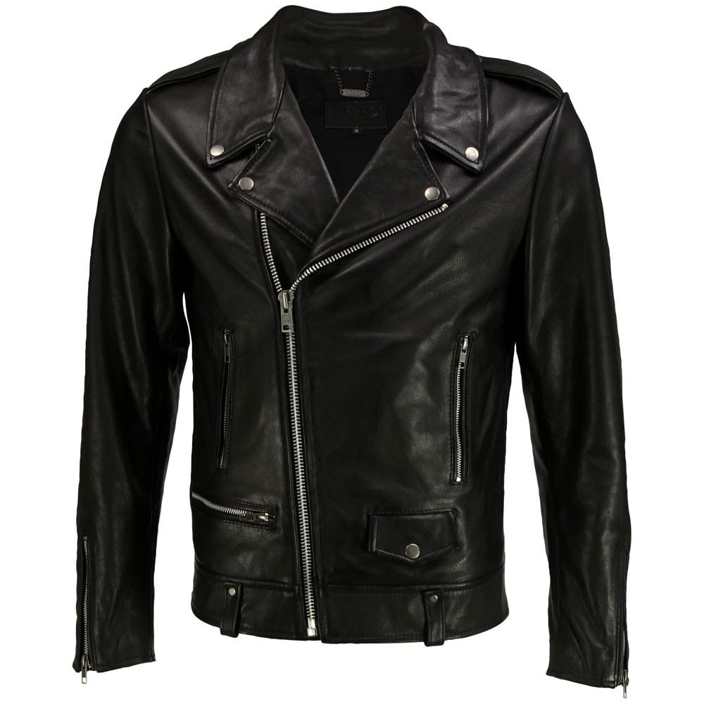 Men's Black Genuine Lambskin Leather Biker Jacket VINTAGE REAL BROWN MOTORCYCLE JACKETS FOR MEN (US. Alpha. Medium. Regular. Regular. BLACK R)