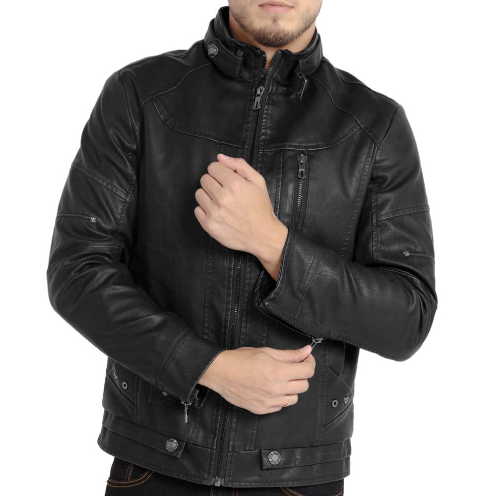 WULFUL Men's Vintage Stand Collar Leather Jacket Motorcycle PU Jacket and Coat