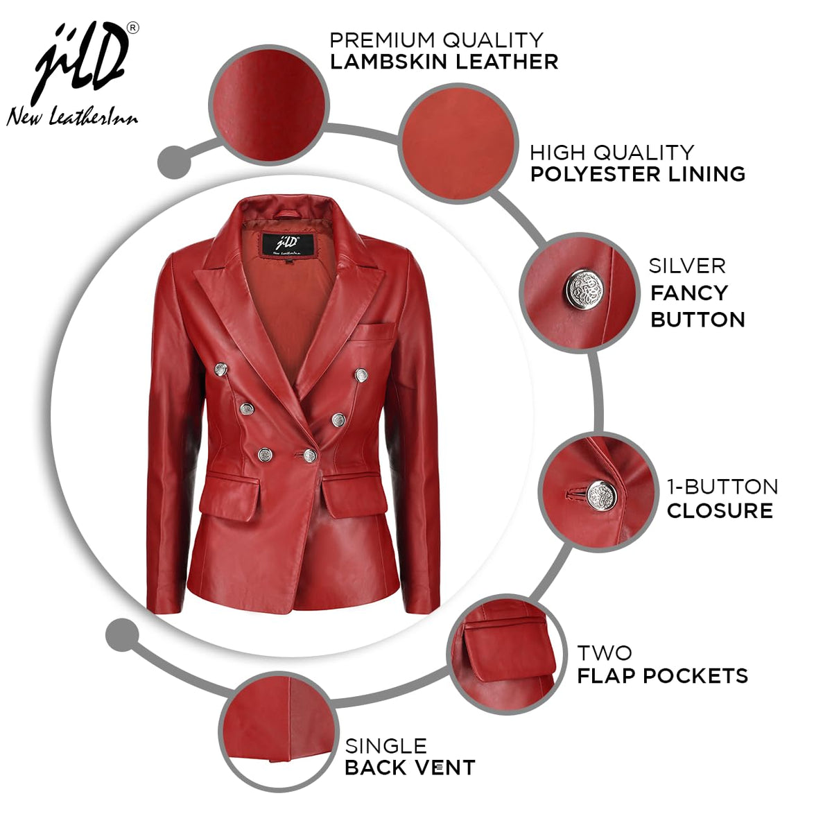 Jild Double Breasted Fancy Buttons Lambskin Leather Blazer Women - Kim Kardashian Long Sleeve Coat Style Leather Jacket Women (FC-Red-XXL)