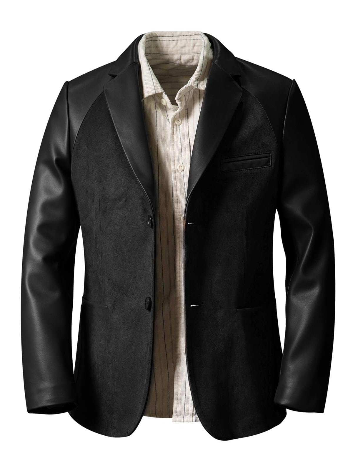 Men's Suede Blazer Patchwork Two-Tone Sports Coat PU Leather Sleeves Collar Sport Jacket Black Champagne M