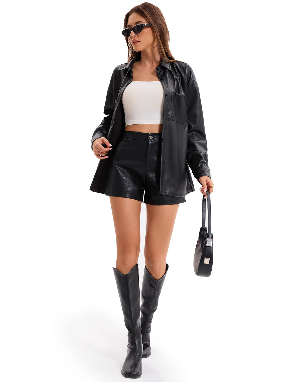 Haianguoji Women's Faux Leather Button-Down Shirt Jacket Lightweight Long Sleeve PU Blouse Shacket Tops (Black. XXL)