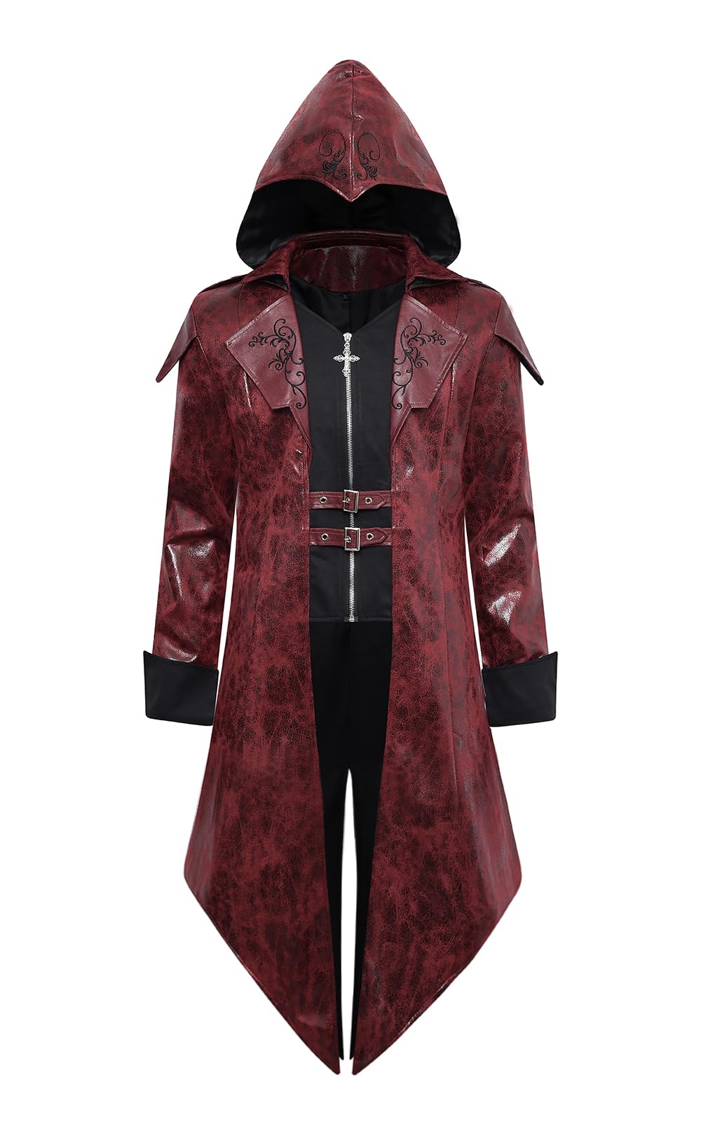 ZNZHKR Men's PU hooded Leather Steampunk Jacket Medieval Gothic Victorian Vampire Coat Tailcoat Gear Design Adjustable (Red. S)