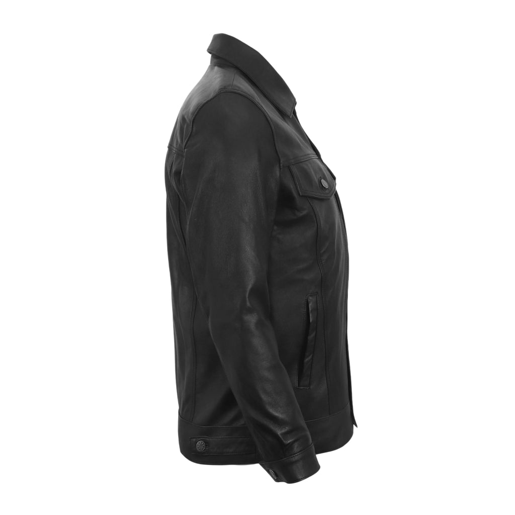 Ashwear Leather Jacket Men Vintage Trucker Style Mens Fashion Shirt Collar Real Lambskin Leather Jackets for Men (Trucker-Black-XL)