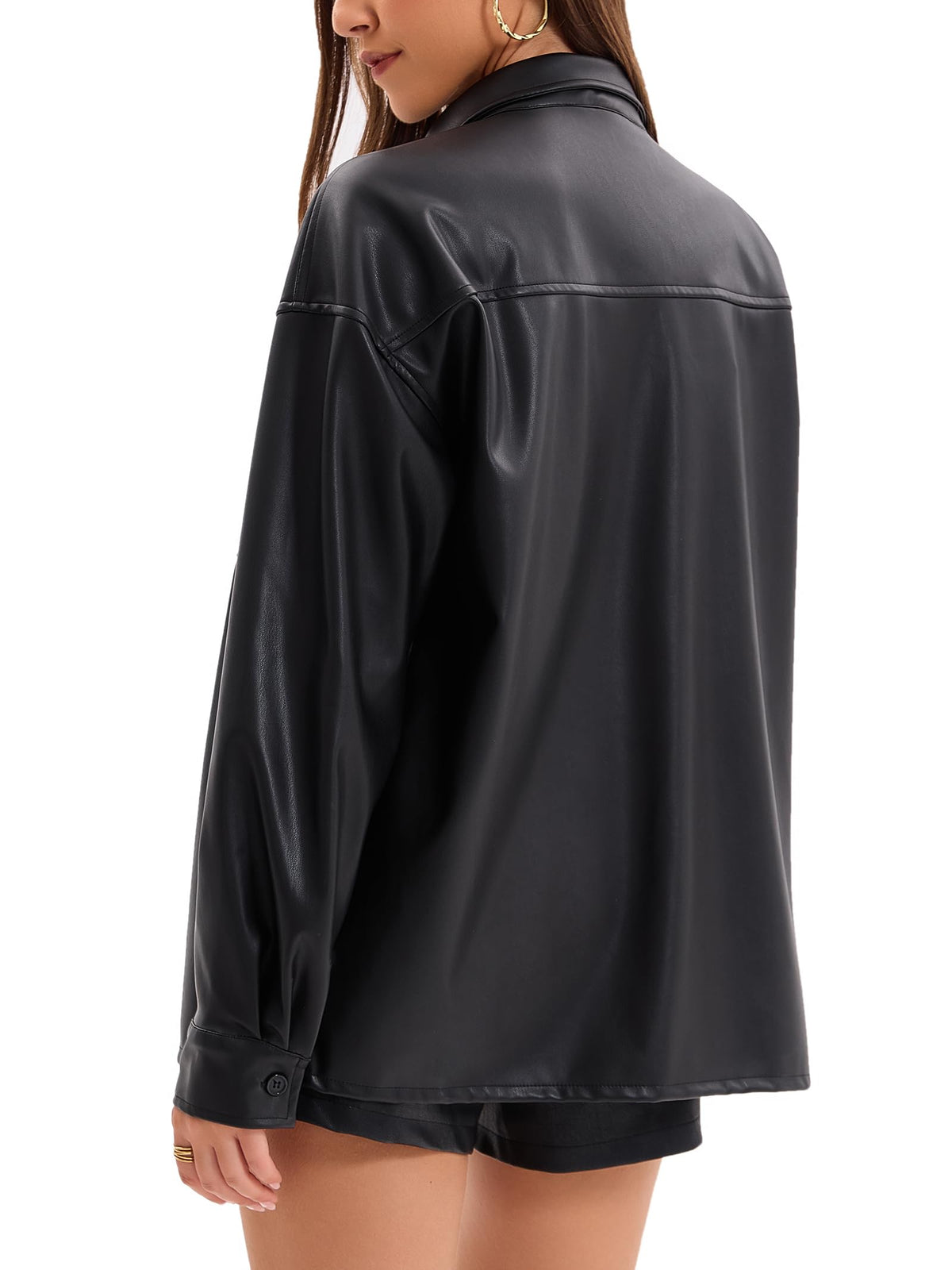 Haianguoji Women's Faux Leather Button-Down Shirt Jacket Lightweight Long Sleeve PU Blouse Shacket Tops (Black. XXL)