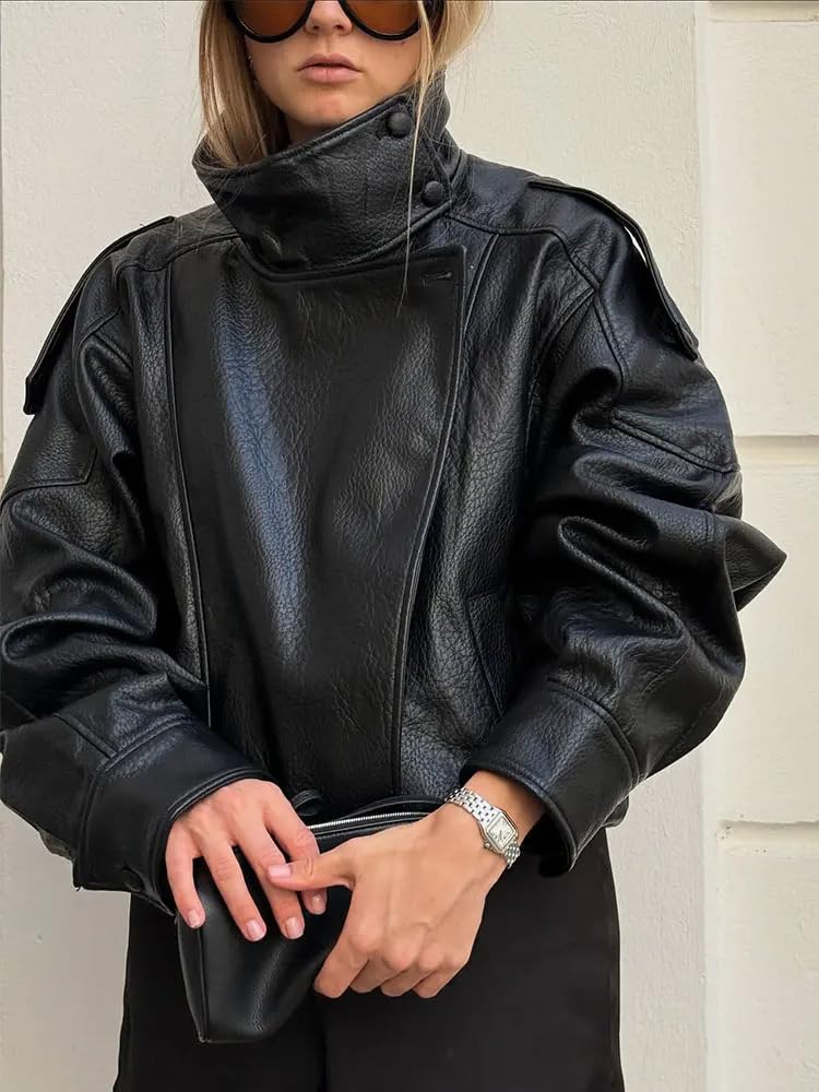 Molilove Women's Leather Jacket Casual Fall Zip Up Jacket Racer Varsity Jackets Biker Motor Coat Outwear