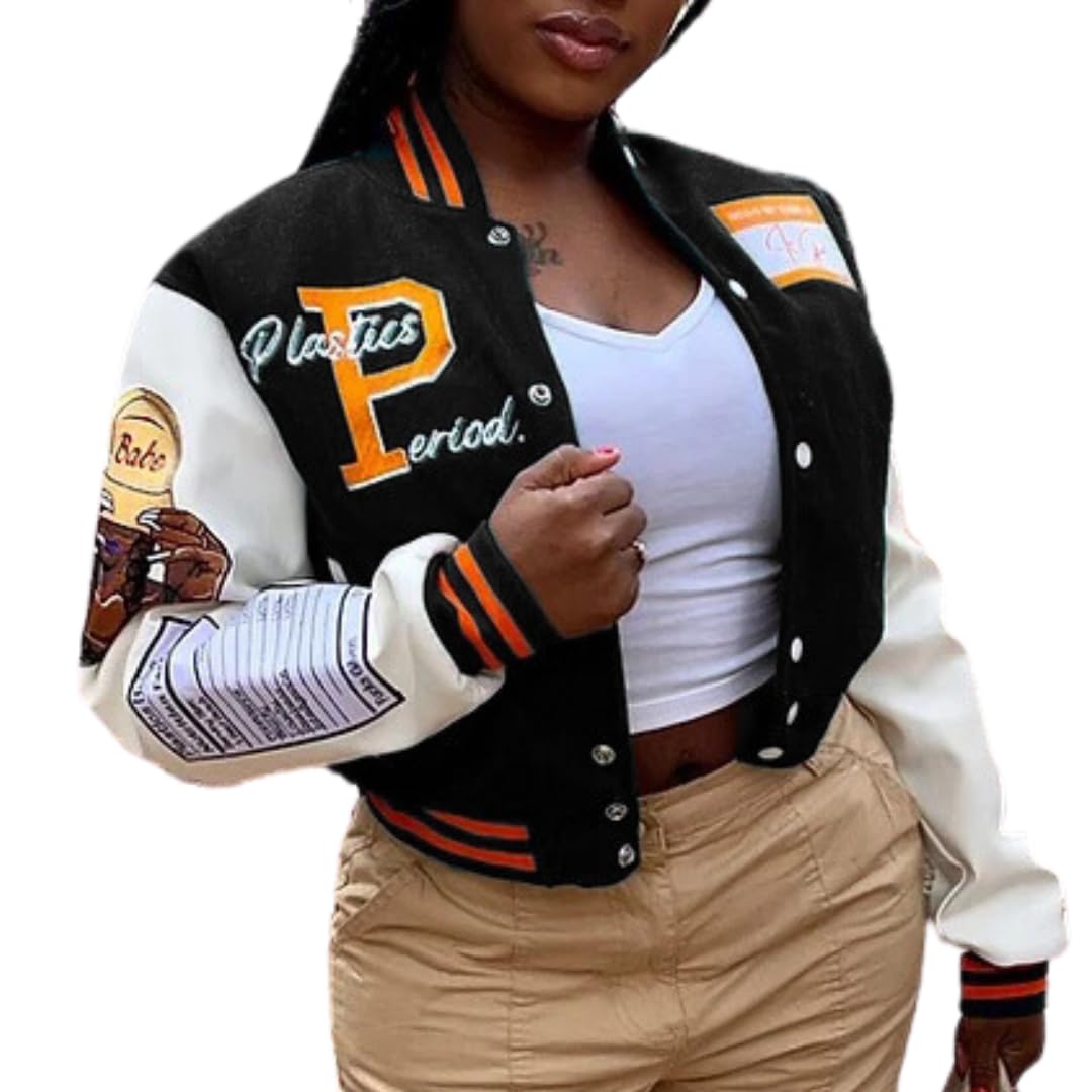 NIFTRIRY Varsity Jacket Women Patch Casual Jacket Cropped Jacket Leather Jacket Women Festival Outfits for Women