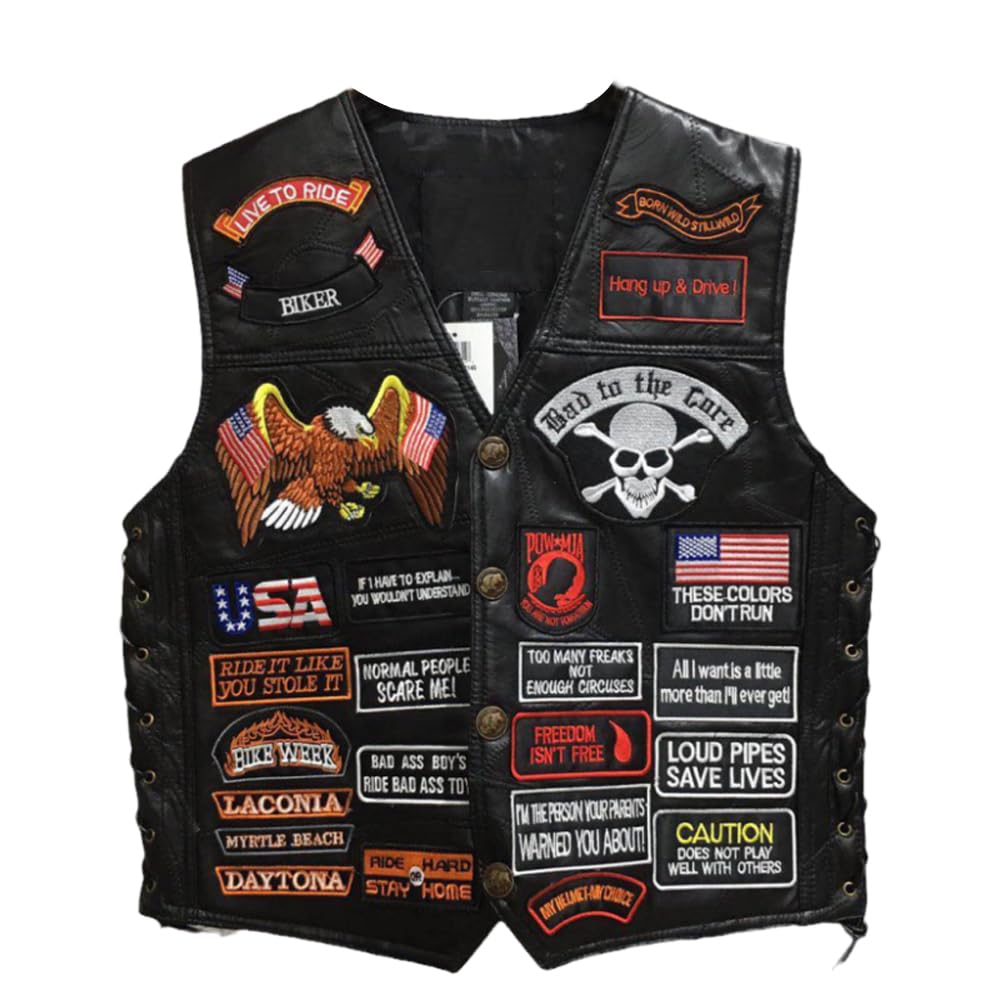WalnutKing Men Leather Motorcycle Jacket Vest Plastered Embroidery Cool Patches Biker Vest (US. Alpha. XX-Large. Regular. Regular. Man00)