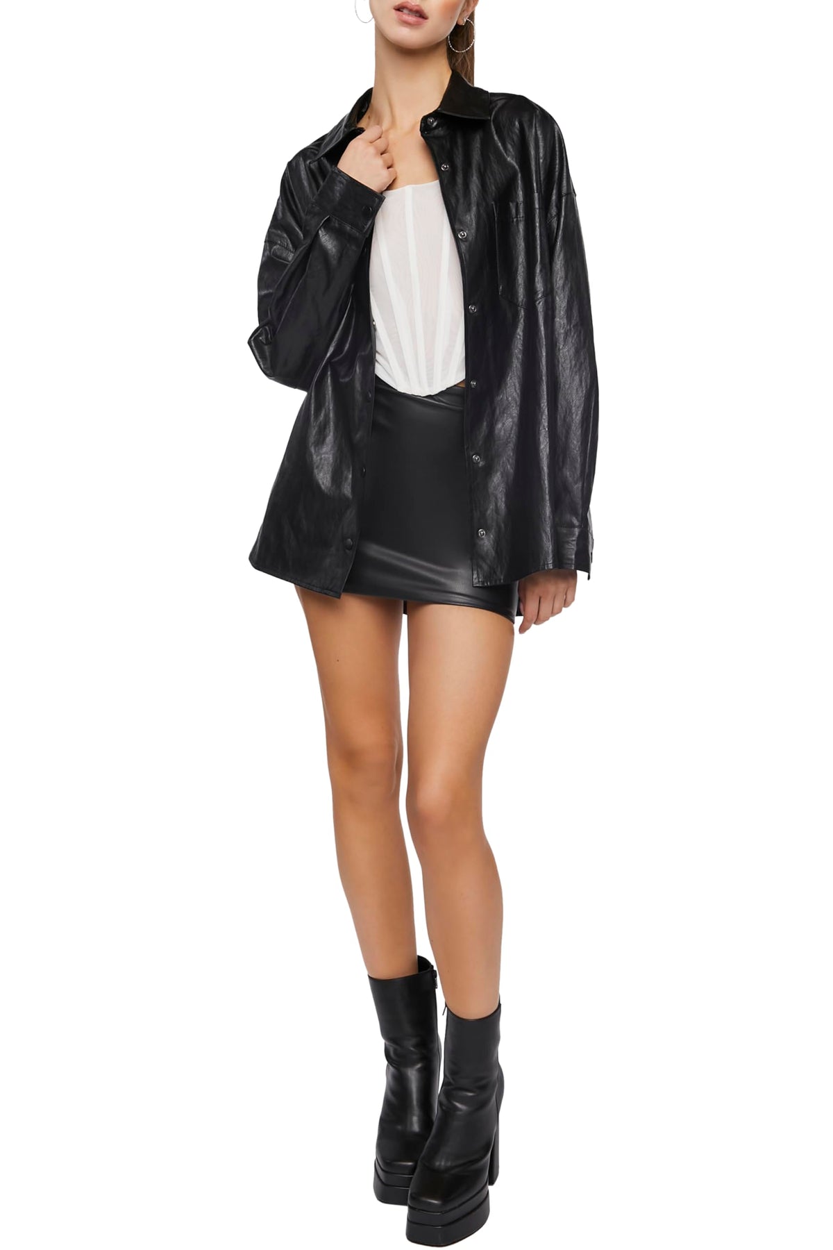Forever 21 Faux Leather Drop-Sleeve Shacket Black Small