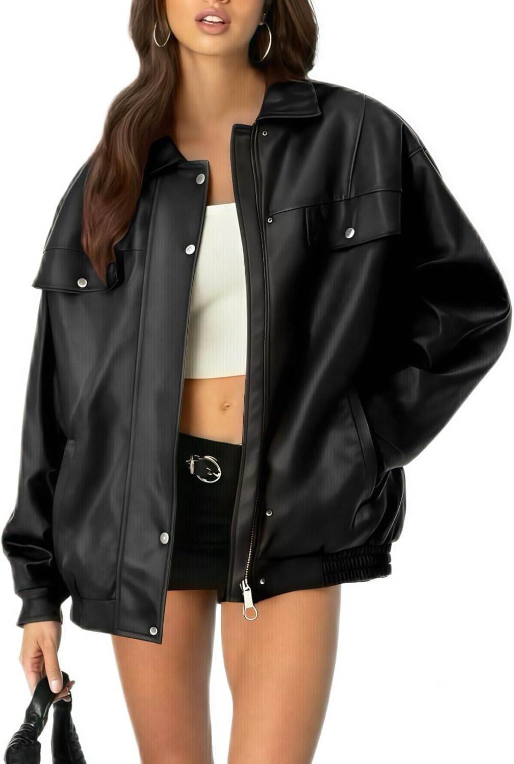 hathne Women's PU Leather Jacket Oversized Vintage Long Sleeve Motorcycle Faux Leather Blazer Jackets(Black-M)