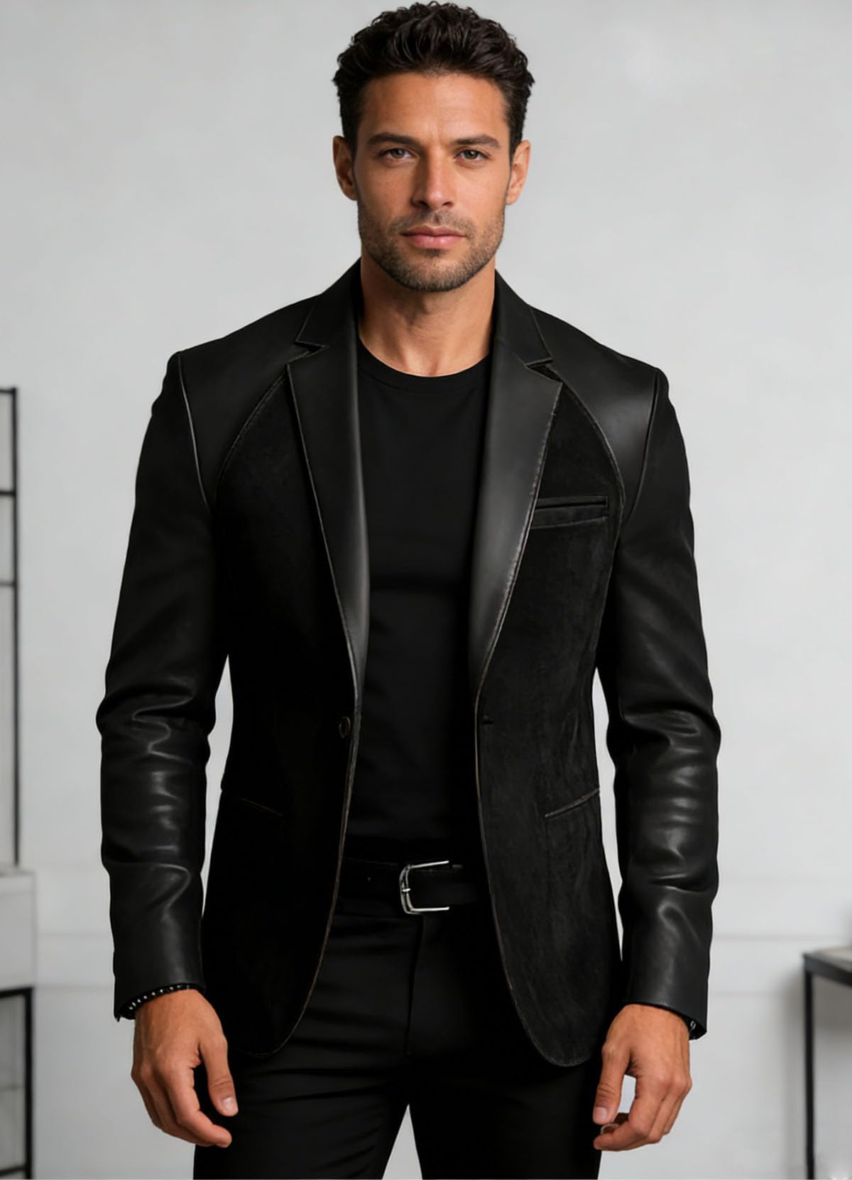 Men's Suede Blazer Patchwork Two-Tone Sports Coat PU Leather Sleeves Collar Sport Jacket Black Champagne M