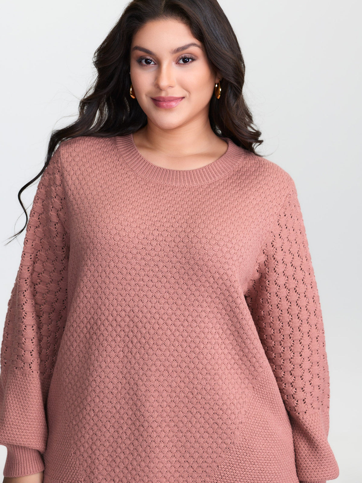 Textured Lantern Sleeve Ribbed-Hem Pullover