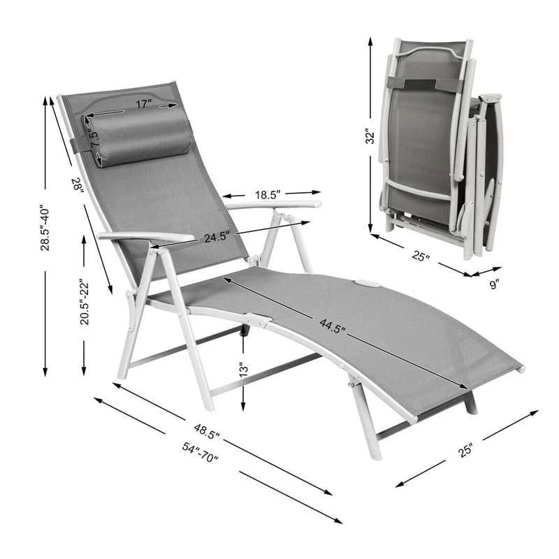 7 Position Folding Outdoor Chaise Lounge Chair Lightweight Patio Pool Chair Sun Lounger With Cushion Amp Pillow - Comfortable And Ergonomic Design