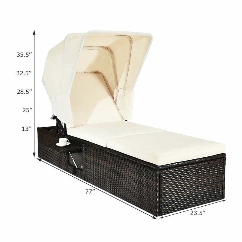 Cushioned Rattan Outdoor Chaise Lounge Chair Sun Lounger 5 Position With Folding Canopy Amp Flip Up Tea Table - Comfortable And Ergonomic Design