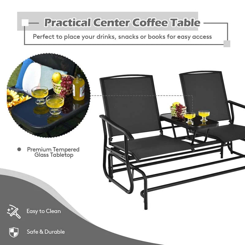 2 Person Outdoor Bench Glider Chair With Center Table Mesh Fabric Rocking Loveseat For Patio - Comfortable And Ergonomic Design