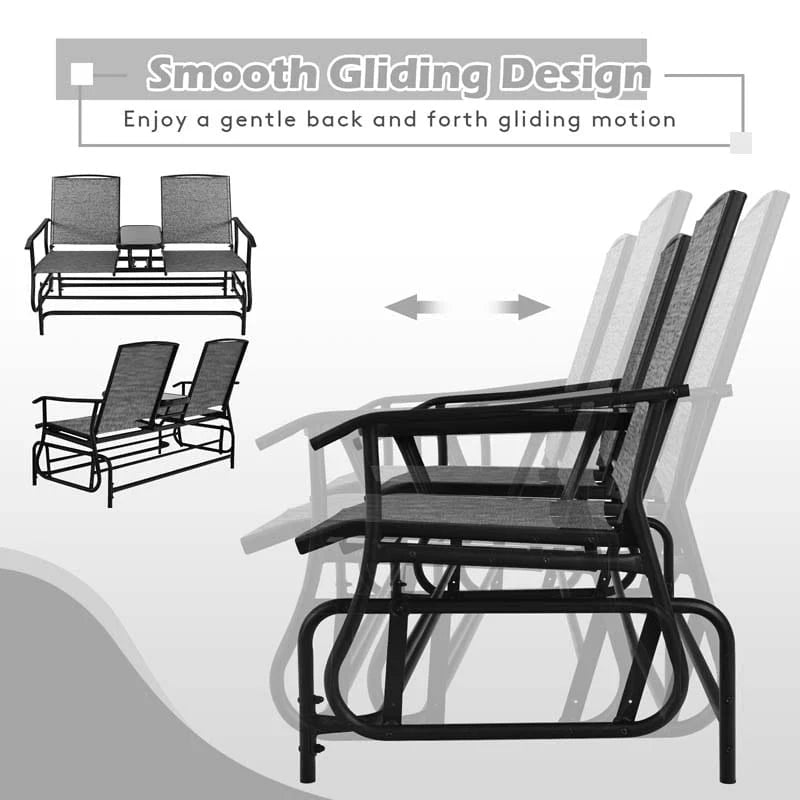 2 Person Outdoor Bench Glider Chair With Center Table Mesh Fabric Rocking Loveseat For Patio - Comfortable And Ergonomic Design