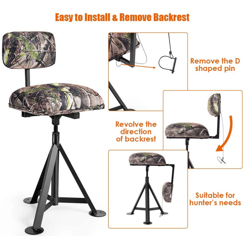 360Deg Camo Swivel Hunting Chair For Outdoor Activities Height Adjustable Tripod Blind Stool Chair With Detachable Backrest Padded Seat - Comfortable And Ergonomic Design