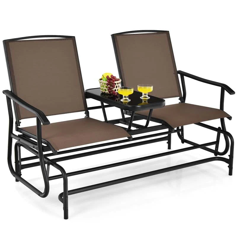 2 Person Outdoor Bench Glider Chair With Center Table Mesh Fabric Rocking Loveseat For Patio - Comfortable And Ergonomic Design