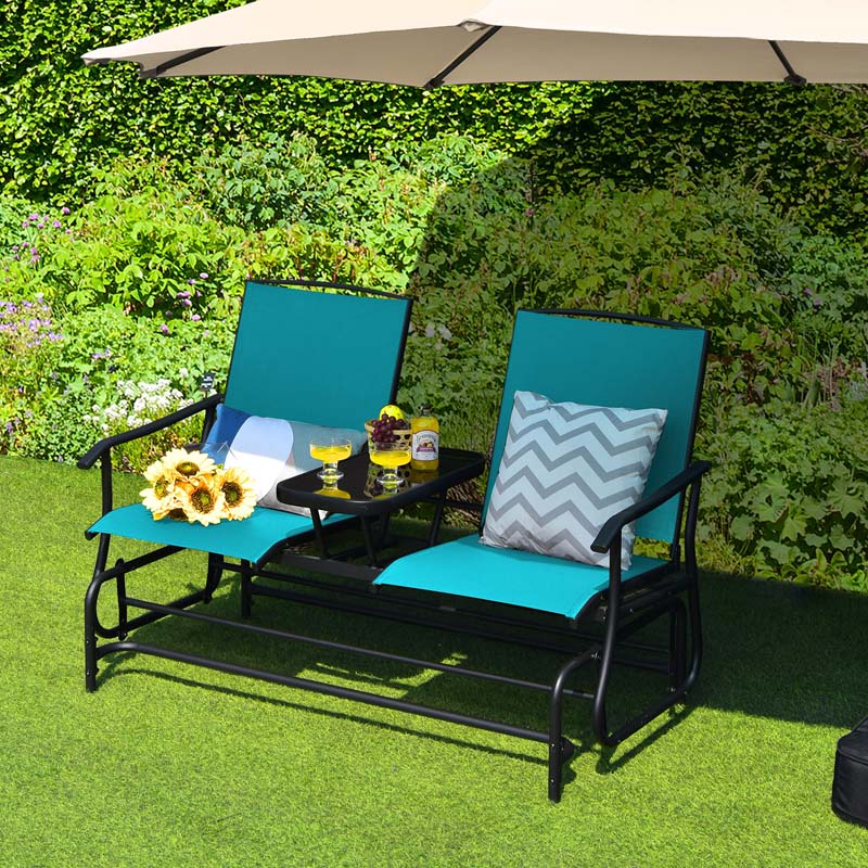 2 Person Outdoor Bench Glider Chair With Center Table Mesh Fabric Rocking Loveseat For Patio - Comfortable And Ergonomic Design