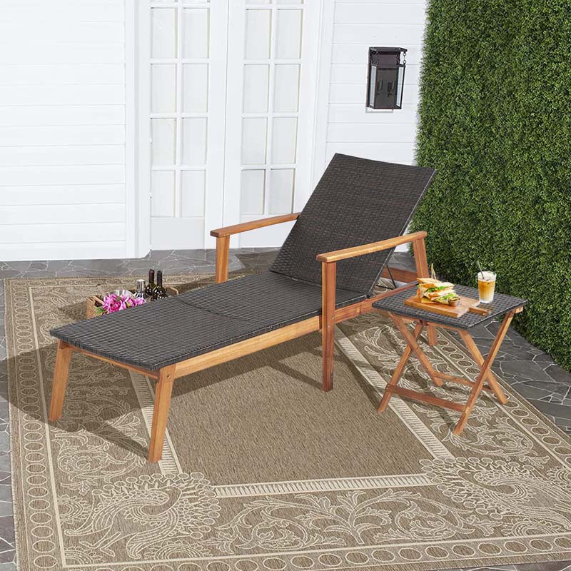 Acacia Wood Amp Rattan Patio Beach Outdoor Chaise Lounge Chairs Pool Sun Lounger Set With Folding Side Table - High Quality Set For Everyday Use