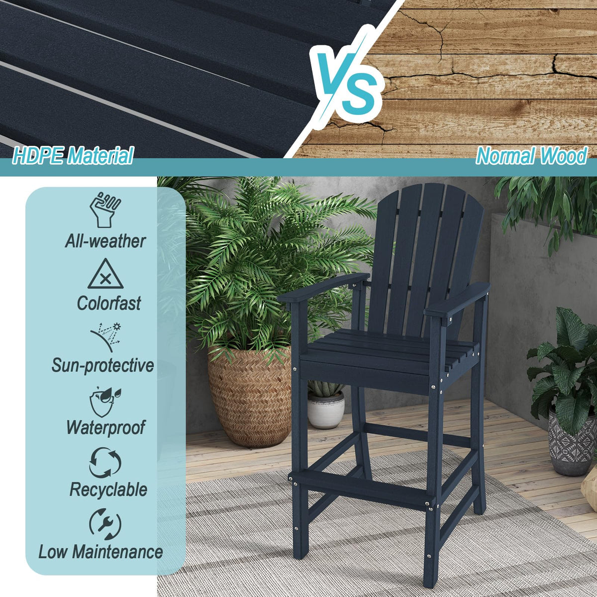 Outdoor Hdpe Tall Adirondack Chairs With Armrests Amp Footrest 30Quot Counter Height Bar Stools For Garden Backyard - Comfortable And Ergonomic Design