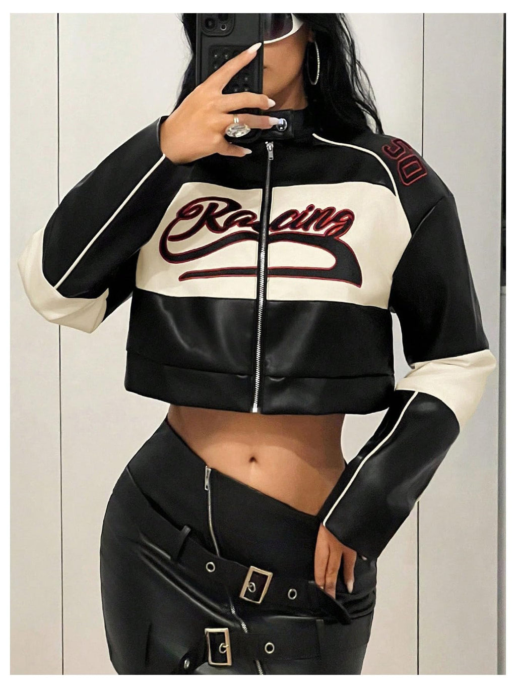 SOLY HUX Women's Faux Leather Zip Up Crop Jackets Graphic Long Sleeve Shirts Motorcycle Outerwear Black Beige Graphic Medium