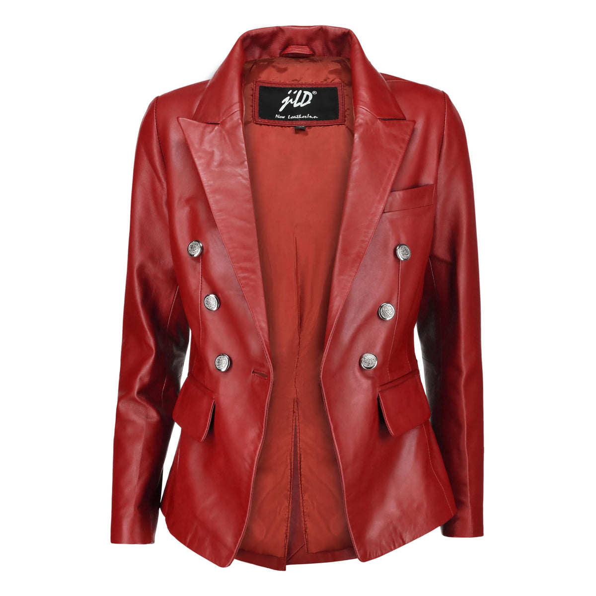 Jild Double Breasted Fancy Buttons Lambskin Leather Blazer Women - Kim Kardashian Long Sleeve Coat Style Leather Jacket Women (FC-Red-XXL)