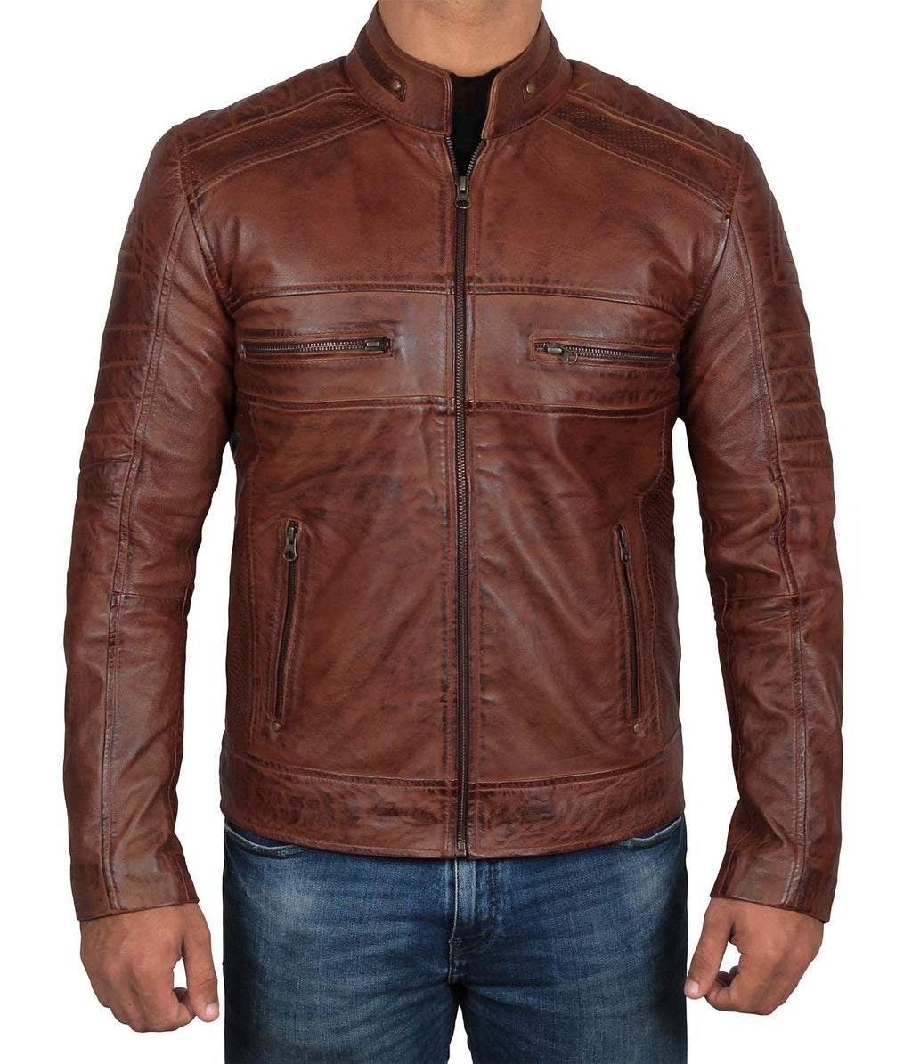 Decrum Casual Biker Jacket Men - Brown Leather Jacket | [1100066] Austin Brown. 2XL