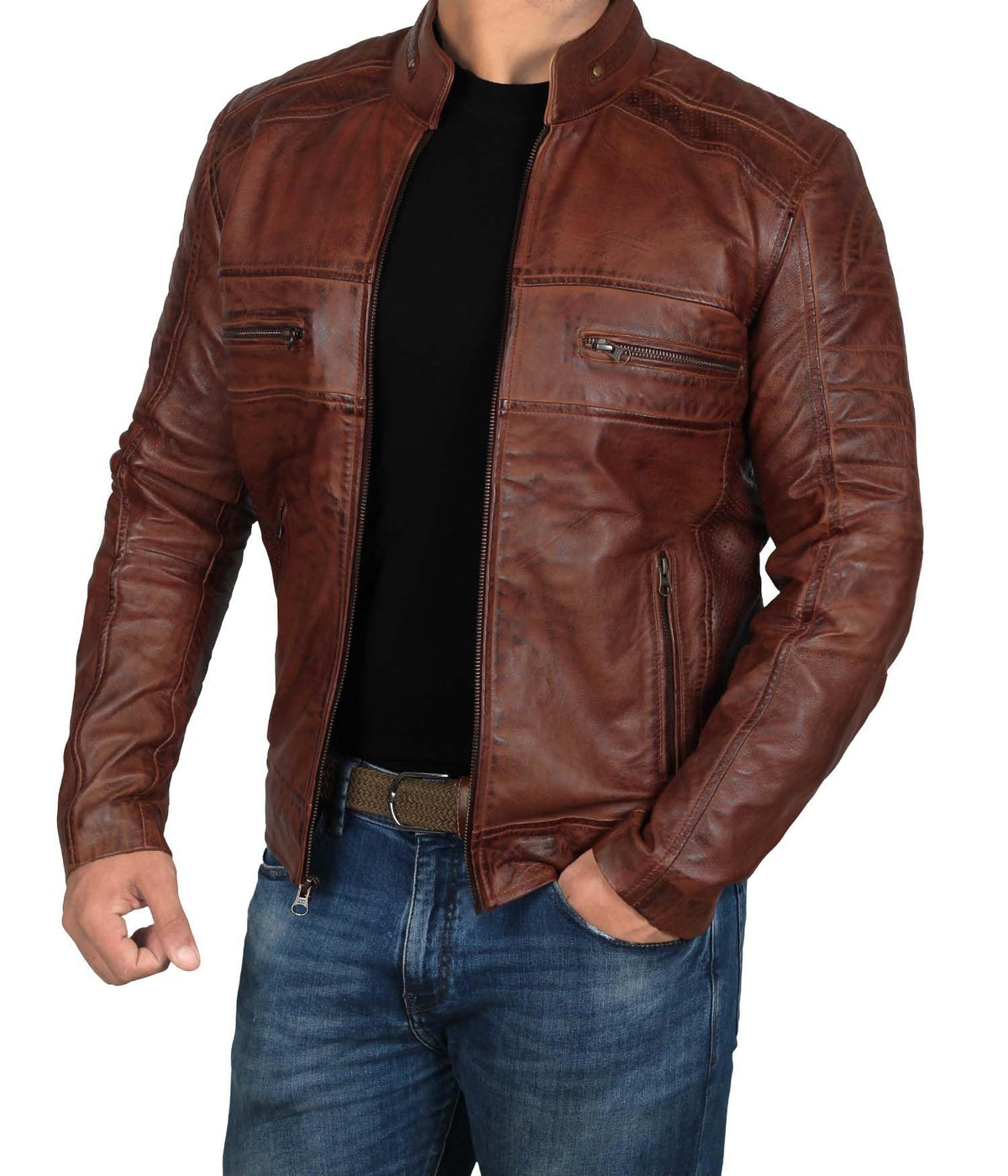 Decrum Casual Biker Jacket Men - Brown Leather Jacket | [1100066] Austin Brown. 2XL