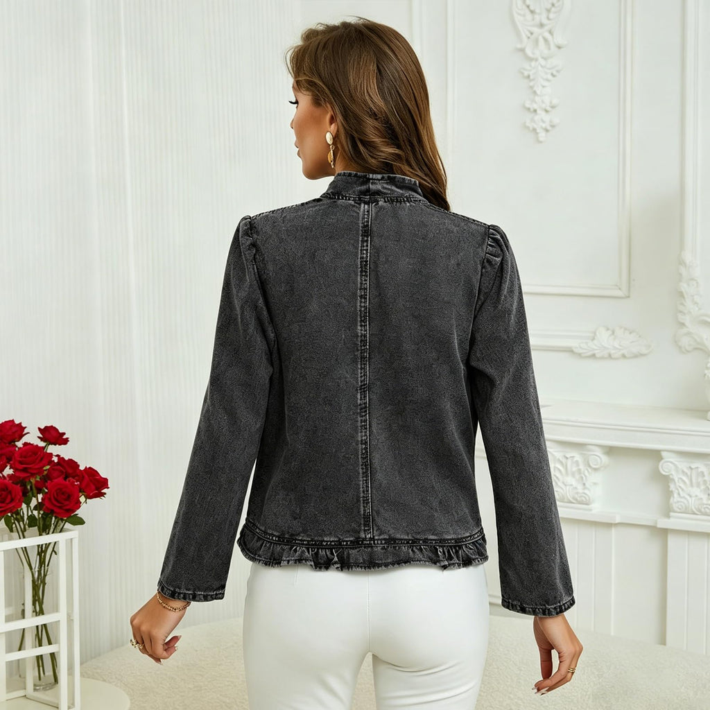 BVNTBZC Women Long Sleeve Denim Shirt Ruffled Cropped Top Coat Open Front Trendy Jean Trendy Thin Jackets (US. Alpha. X-Large. Regular. Regular. Black)