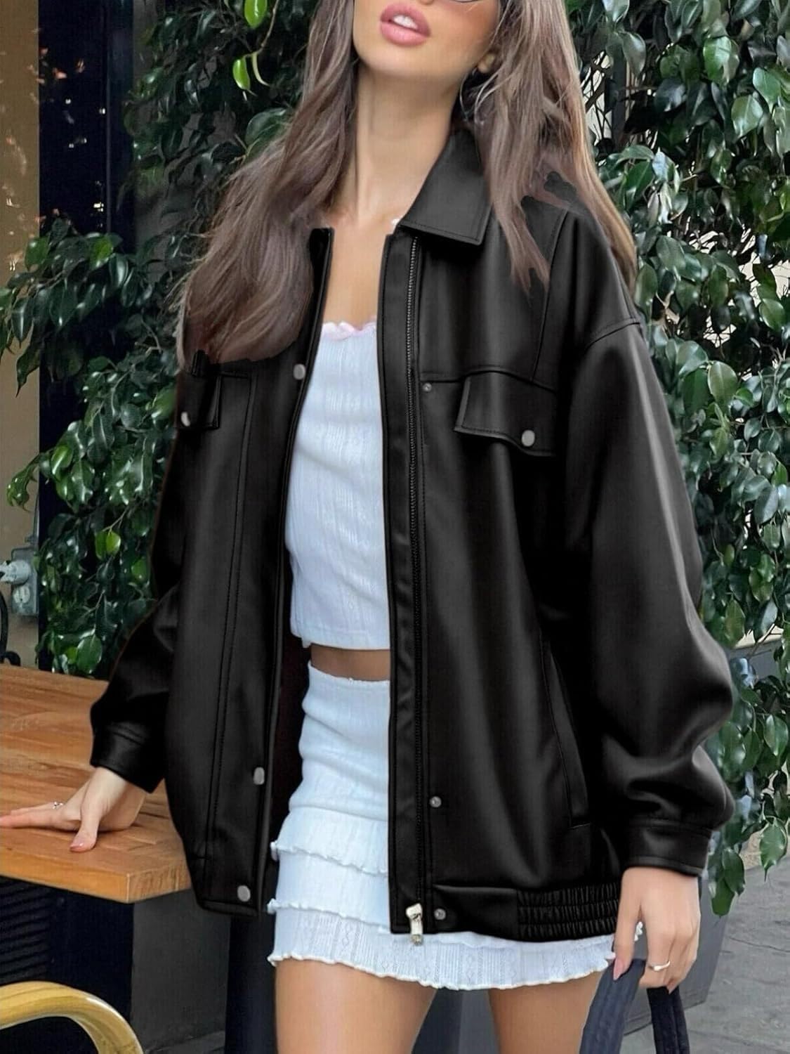 hathne Women's PU Leather Jacket Oversized Vintage Long Sleeve Motorcycle Faux Leather Blazer Jackets(Black-M)