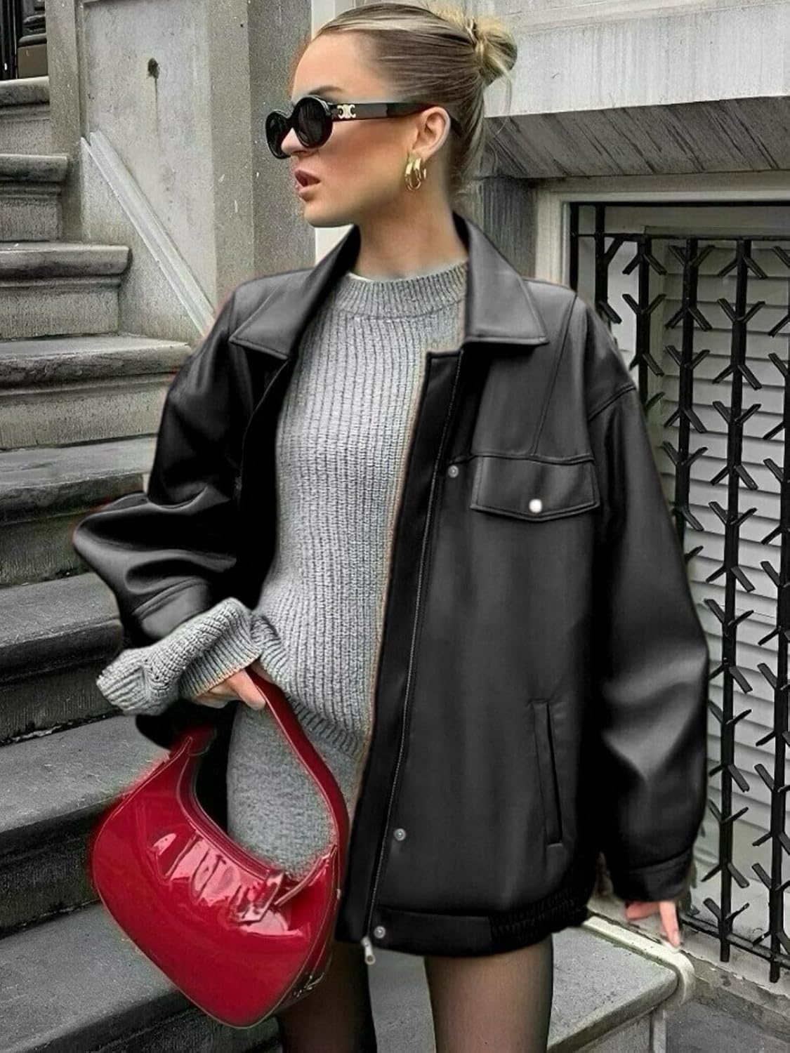 hathne Women's PU Leather Jacket Oversized Vintage Long Sleeve Motorcycle Faux Leather Blazer Jackets(Black-M)