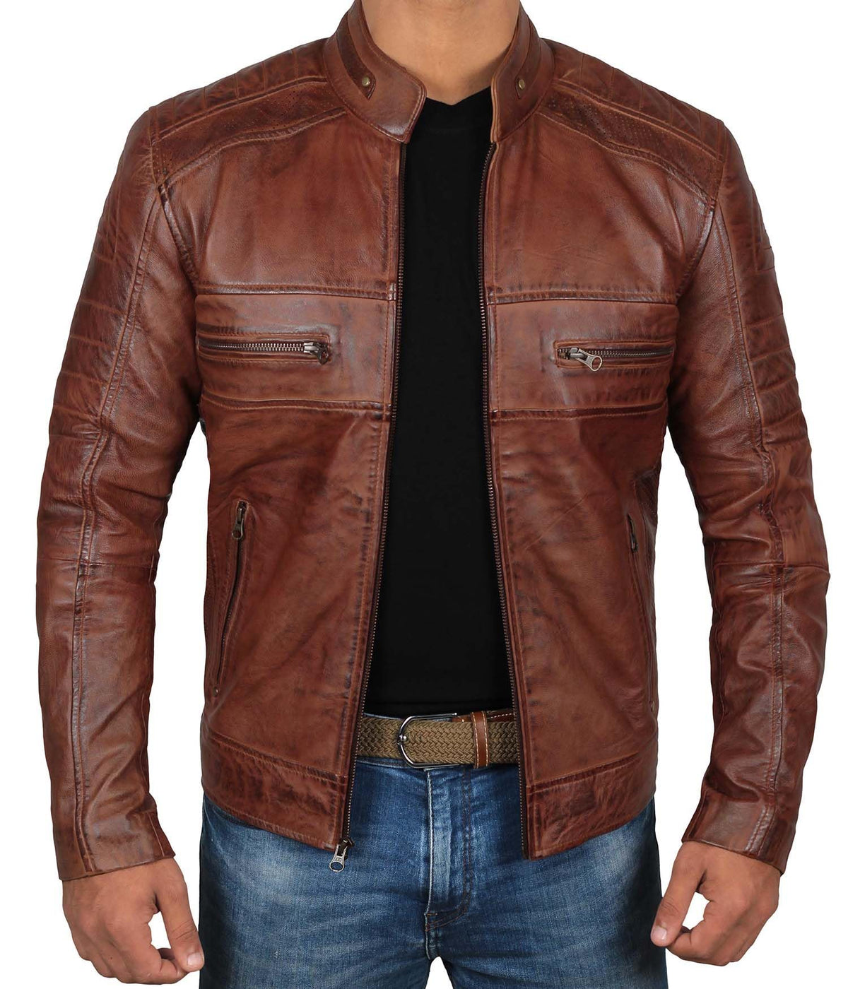 Decrum Casual Biker Jacket Men - Brown Leather Jacket | [1100066] Austin Brown. 2XL